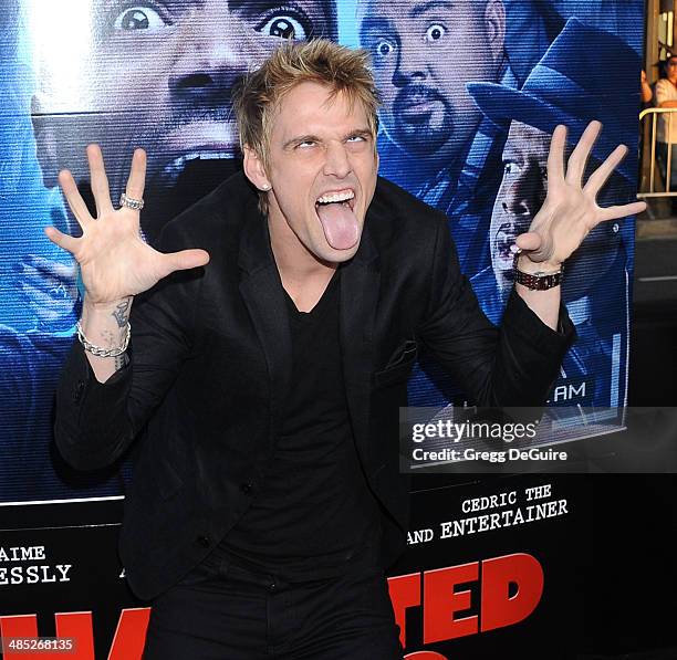 Singer Aaron Carter arrives at the Los Angeles premiere of "A Haunted House 2" at Regal Cinemas L.A. Live on April 16, 2014 in Los Angeles,...