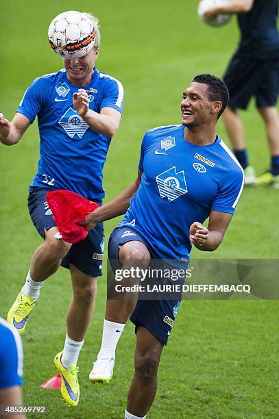 Molde's Sander Svendsen and Molde's Ruben Gabrielsen attend their team's training session in Liege, Belgium on August 26 on the eve of the UEFA...