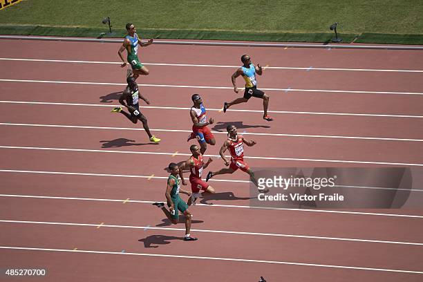 15th IAAF World Championships: Aerial view of Trinidad and Tobago Renny Quow and USA Bryshon Nellum in action during Men's 400M at National Stadium....