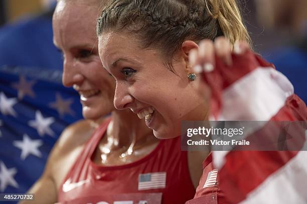 15th IAAF World Championships: Closeup of USA Emily Infield and Shalane Flanagan victorious after winning bronze after Women's 10,000M Final at...