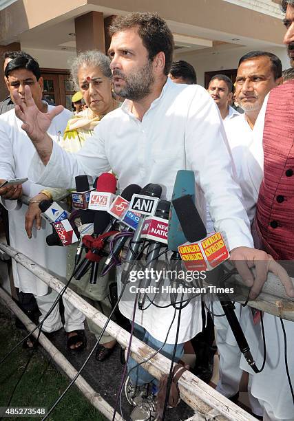 Congress Vice President Rahul Gandhi addressing media persons after visiting Balakote sector during his two-day visit on August 26, 2015 in Jammu,...