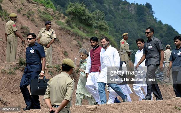 Congress Vice President Rahul Gandhi visiting areas affected by Pakistani shelling along the Line of control at Balakote sector during his two-day...