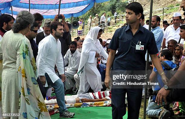 Congress Vice President Rahul Gandhi visiting areas affected by Pakistani shelling along the Line of control at Balakote sector during his two-day...
