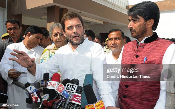 Congress Vice President Rahul Gandhi addressing media persons after visiting Balakote sector during his two-day visit on August 26, 2015 in Jammu,...