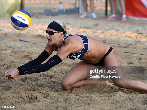 Brittany Hochevar of USA dives for a ball during day 2 of the FIVB Olsztyn Grand Slam on August 26, 2015 in Olsztyn, Poland.