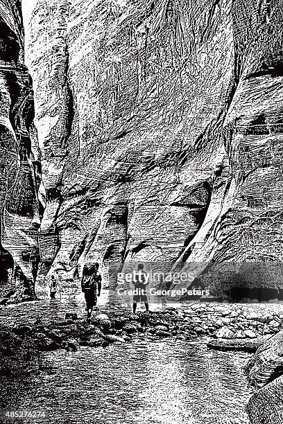 hiking the narrows - zion national park stock illustrations