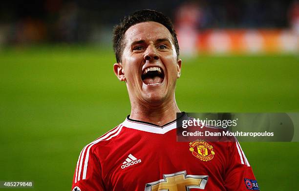 Ander Herrera of Manchester United celebrates scoring his team's fourth goal during the UEFA Champions League qualifying round play off 2nd leg match...