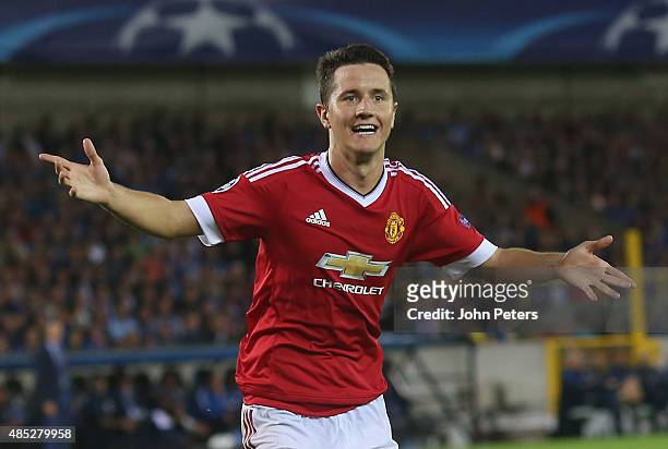 Ander Herrera of Manchester United celebrates scoring their fourth goal during the UEFA Champions League play-off second leg match between Club...