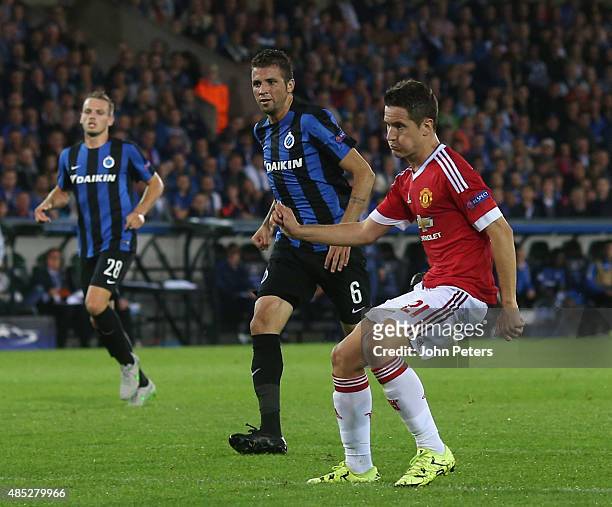 Ander Herrera of Manchester United scores their fourth goal during the UEFA Champions League play-off second leg match between Club Brugge and...