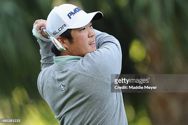 John Huh hits a tee shot on the 3rd hole during the first round of the RBC Heritage at Harbour Town Golf Links on April 17, 2014 in Hilton Head...