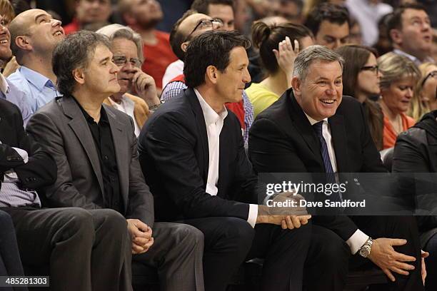 Brendan Shanahan, the new president of the Toronto Maple Leafs, and MLSE CEO Tim Leiweke attend the Toronto Raptors game against the Milwaukee Bucks...