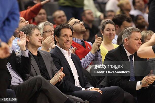 Brendan Shanahan, the new president of the Toronto Maple Leafs, and MLSE CEO Tim Leiweke attend the Toronto Raptors game against the Milwaukee Bucks...