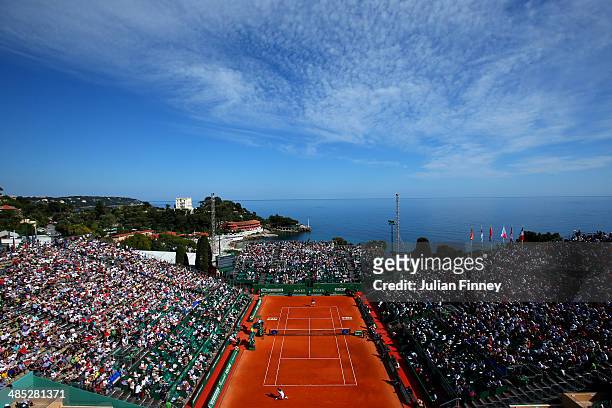General view of Novak Djokovic of Serbia in action against Pablo Carreno Busta during day five of the ATP Monte Carlo Rolex Masters Tennis at...