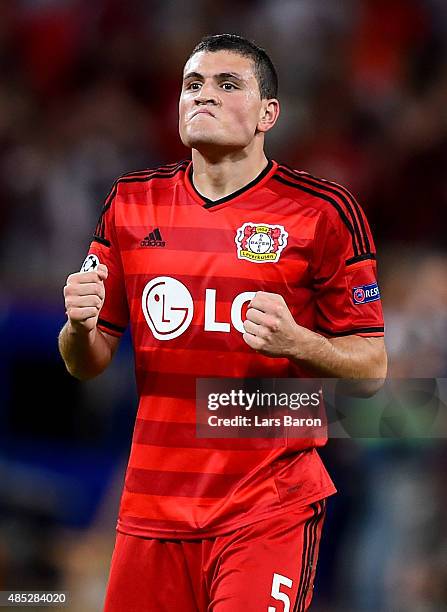 Kyriakos Papadopoulos of Bayer Leverkusen celebrates during the UEFA Champions League qualifying play off round 2nd leg between Bayer Leverkusen and...