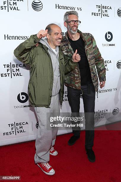 DJs Bobbito and Stretch Armstrong attend the 2014 Tribeca Film Festival Opening Night Premiere of "Time Is Illmatic" at The Beacon Theatre on April...