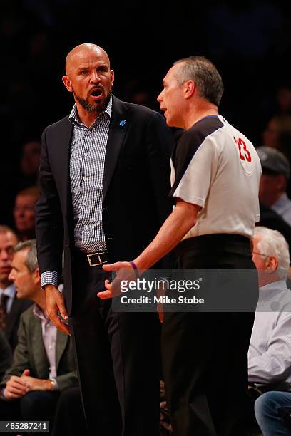 Jason Kidd of the Brooklyn Nets argues with referee Jason Phillips during the game against the Atlanta Hawks at Barclays Center on April 11, 2014 in...