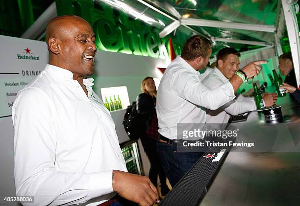 Heineken Rugby Legends Jonah Lomu, Scott Quinnell and John Smit open Rugby World Cup 2015 at Somerset House to celebrate Heineken's campaign...