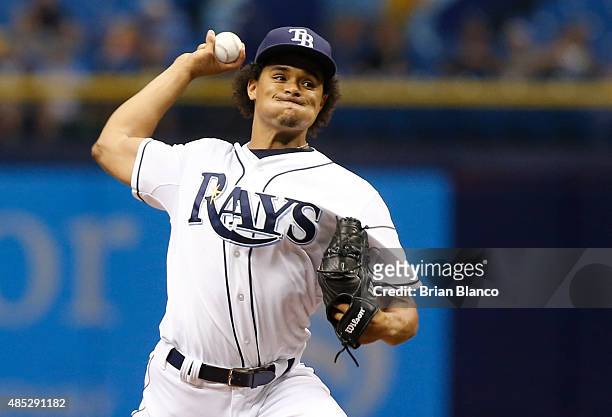 Chris Archer of the Tampa Bay Rays pitches during the first inning of a game against the Minnesota Twins on August 26, 2015 at Tropicana Field in St....