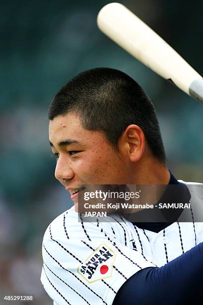 Dh Kotaro Kiyomiya of Japan in acton during in the send-off game between U-18 Japan and Collegiate Japan before the 2015 WBSC U-18 Baseball World Cup...