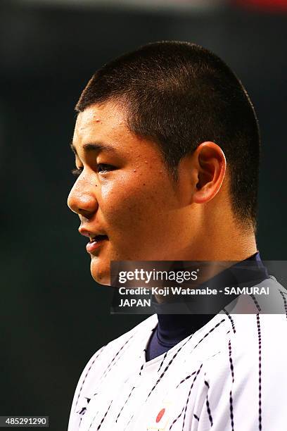 Dh Kotaro Kiyomiya of Japan game after during in the send-off game between U-18 Japan and Collegiate Japan before the 2015 WBSC U-18 Baseball World...