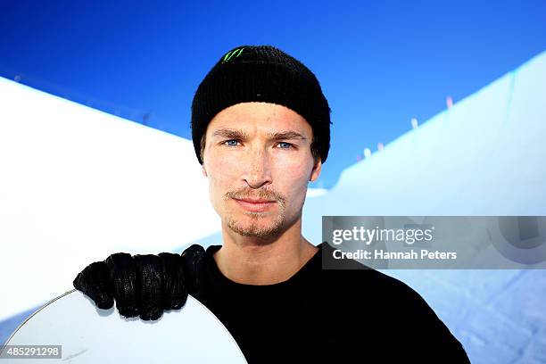 Russian-born Swiss snowboarder Iouri Podladtchikov poses during a portrait shoot at Cardrona Alpine Resort on August 27, 2015 in Wanaka, New Zealand.