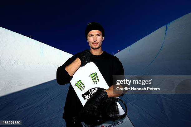 Russian-born Swiss snowboarder Iouri Podladtchikov poses during a portrait shoot at Cardrona Alpine Resort on August 27, 2015 in Wanaka, New Zealand.