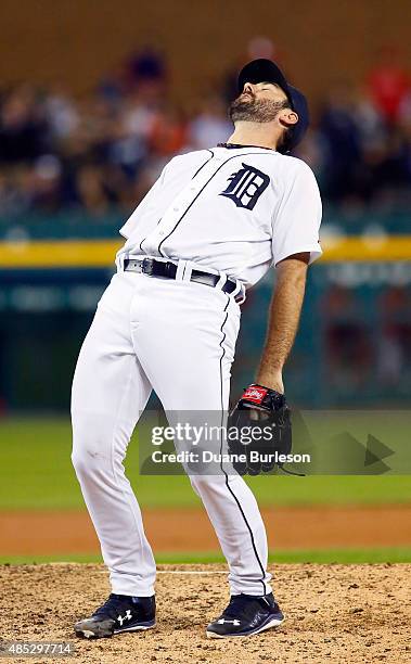 Pitcher Justin Verlander of the Detroit Tigers reacts after giving up a double to Chris Iannetta of the Los Angeles Angels of Anaheim to end his...