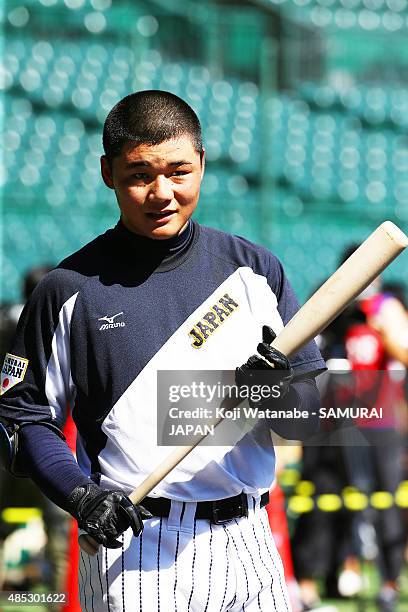 Kotaro Kiyomiya of Japan in acton during in the send-off game between U-18 Japan and Collegiate Japan before the 2015 WBSC U-18 Baseball World Cup at...