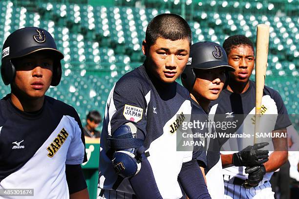 Kotaro Kiyomiya of Japan in acton during in the send-off game between U-18 Japan and Collegiate Japan before the 2015 WBSC U-18 Baseball World Cup at...