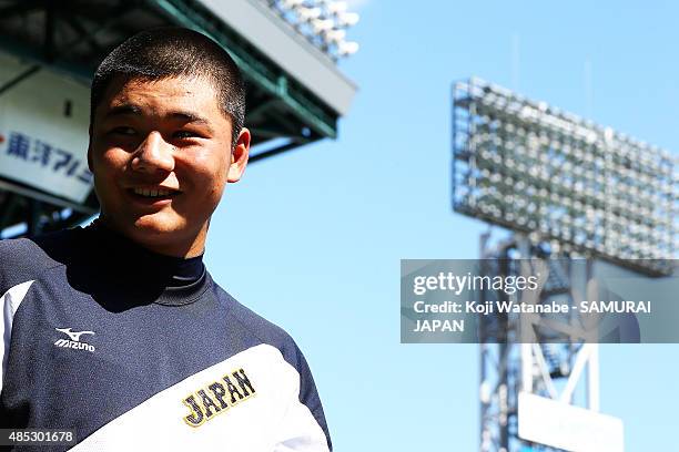 Kotaro Kiyomiya of Japan in acton during in the send-off game between U-18 Japan and Collegiate Japan before the 2015 WBSC U-18 Baseball World Cup at...