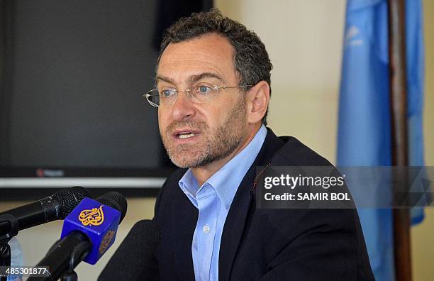 The United Nations Humanitarian Coordinator in South Sudan, Toby Lanzer, speaks to journalists in Juba, on April 17, 2014. Gunmen stormed a UN base...