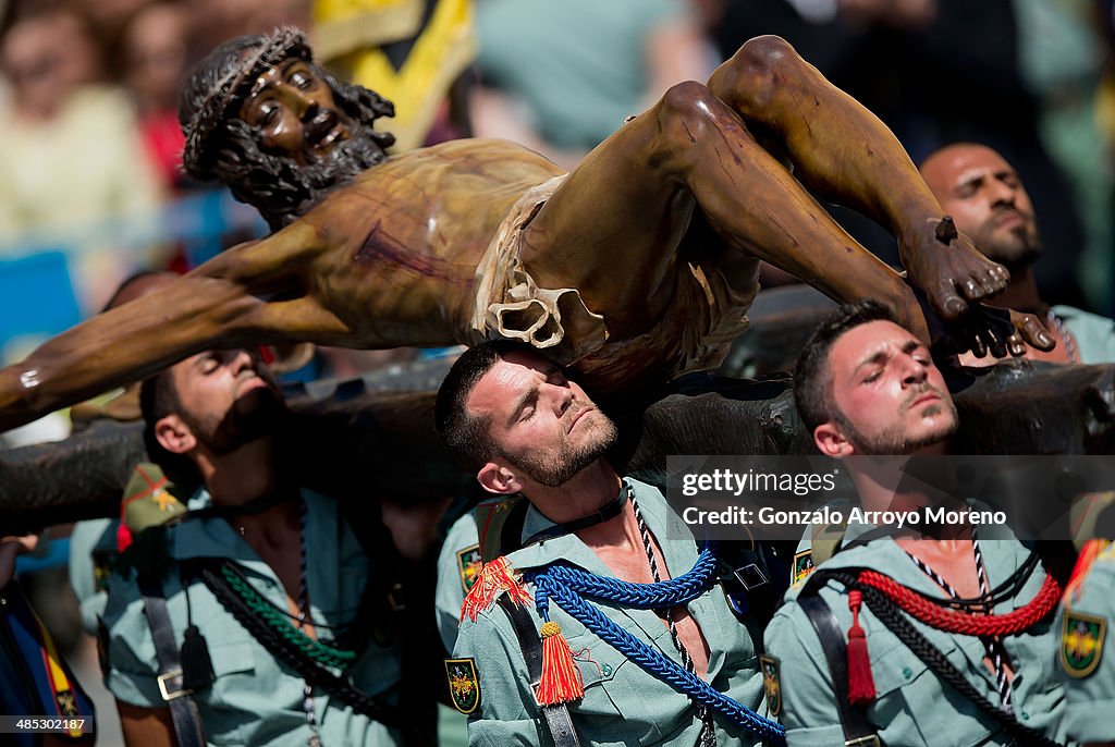 The Spanish Legion Carry The Statue Of Christ Of Mena During Malaga Holy Week