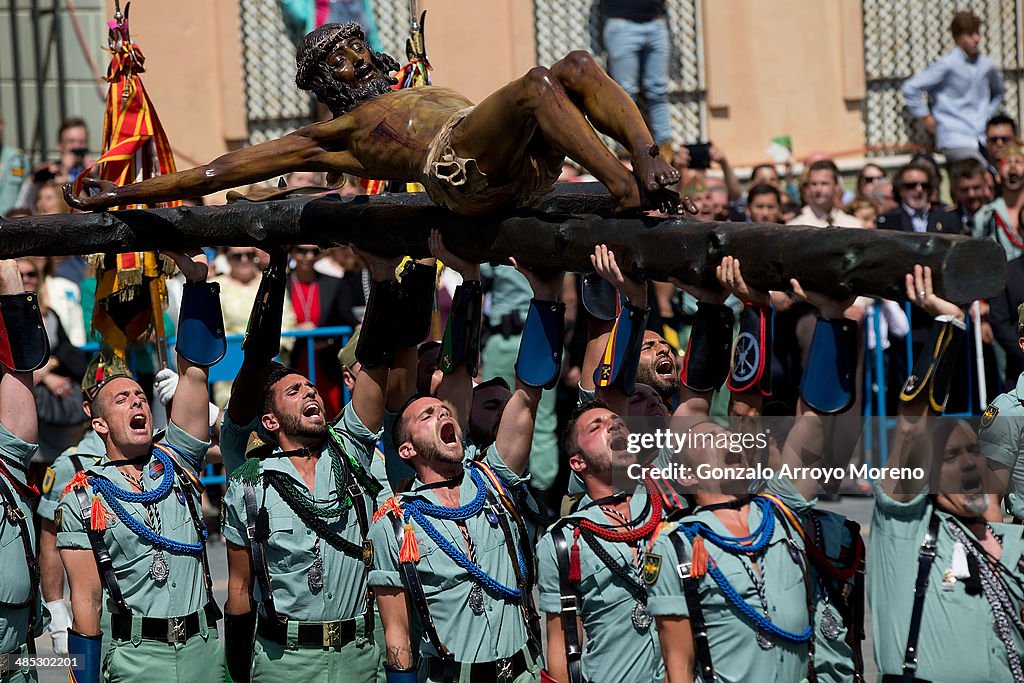 The Spanish Legion Carry The Statue Of Christ Of Mena During Malaga Holy Week