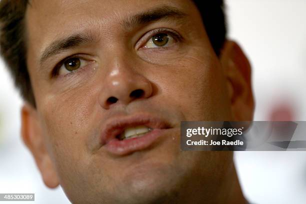 Senator Marco Rubio speaks during a press conference to show support for the Venezuelan community at the El Arepazo 2 Restaurant on April 17, 2014 in...