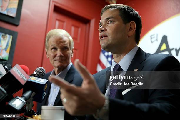 Senators Bill Nelson and Marco Rubio hold a press conference to show support for the Venezuelan community at the El Arepazo 2 Restaurant on April 17,...