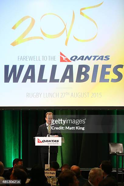 Bill Pulver speaks during the Australia Rugby World Cup farewell lunch and fan day at The Westin Hotel on August 27, 2015 in Sydney, Australia.