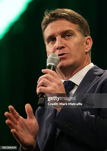 Former Wallaby Tim Horan talks on stage during the Australia Rugby World Cup farewell lunch and fan day at Martin Place on August 27, 2015 in Sydney,...