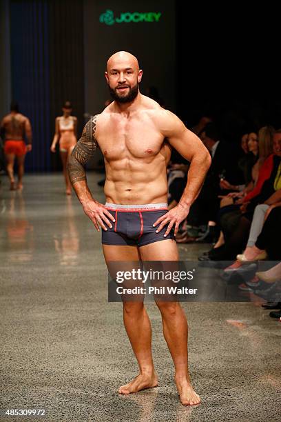 Forbes of the All Blacks Sevens walks in the Jockey show at New Zealand Fashion Week 2015 on August 27, 2015 in Auckland, New Zealand.