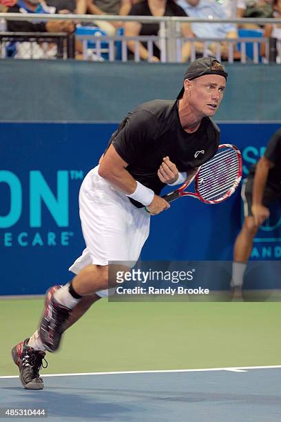 Former World No. 1 Lleyton Hewitt on the court during the Johnny Mac Tennis Project 2015 Benefit Matches at Randall's Island on August 26, 2015 in...