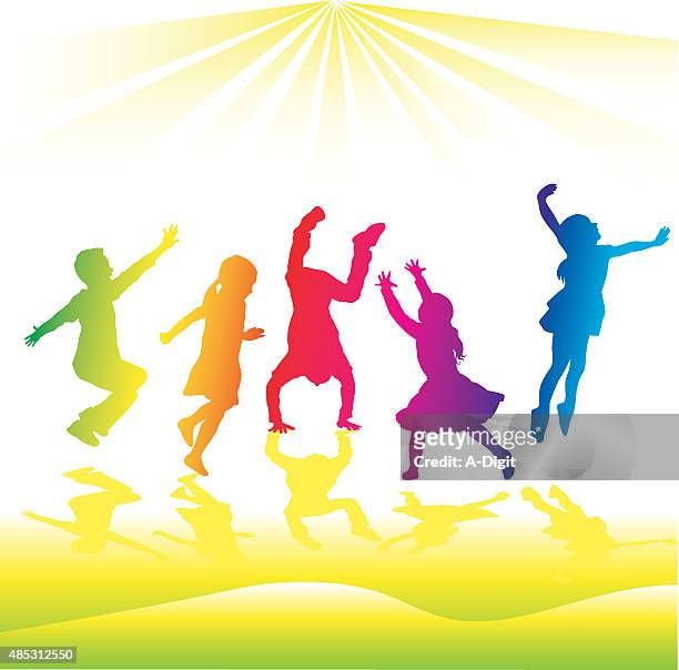 stockillustraties, clipart, cartoons en iconen met rainbow silhouette high energy kids - girl in dress doing handstand