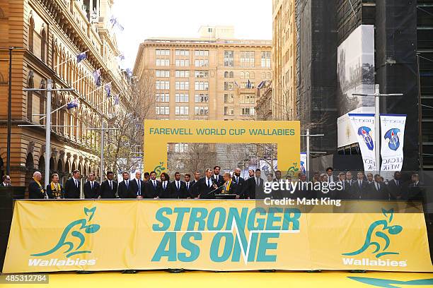 The Wallabies coach Michael Cheika speaks as the Australian Wallabies 2015 Rugby World Cup squad line up during the Australia Rugby World Cup...