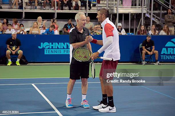 John McEnroe and Australian Nick Kyrgios during their doubles game during the Johnny Mac Tennis Project 2015 Benefit Match at Randall's Island on...