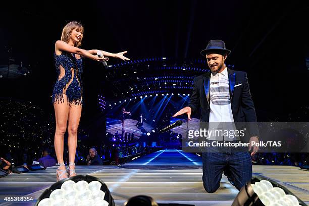 Singer-songwriters Taylor Swift and Justin Timberlake perform onstage during Taylor Swift The 1989 World Tour Live In Los Angeles at Staples Center...