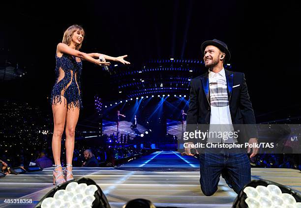 Singer-songwriters Taylor Swift and Justin Timberlake perform onstage during Taylor Swift The 1989 World Tour Live In Los Angeles at Staples Center...