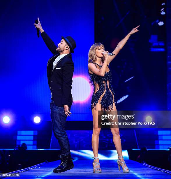 Singer-songwriters Justin Timberlake and Taylor Swift perform onstage during Taylor Swift The 1989 World Tour Live In Los Angeles at Staples Center...