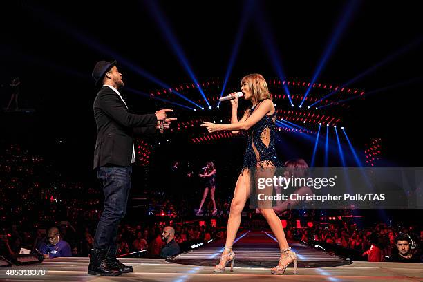 Singer-songwriters Justin Timberlake and Taylor Swift perform onstage during Taylor Swift The 1989 World Tour Live In Los Angeles at Staples Center...