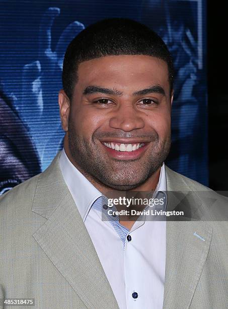 Former NFL player Shawne Merriman attends the premiere of Open Road Films' "A Haunted House 2" at Regal Cinemas L.A. Live on April 16, 2014 in Los...