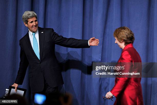 Secretary of State John Kerry and EU Foreign Policy Chief Catherine Ashton leave after speaking at a press conference at the Intercontinental hotel...