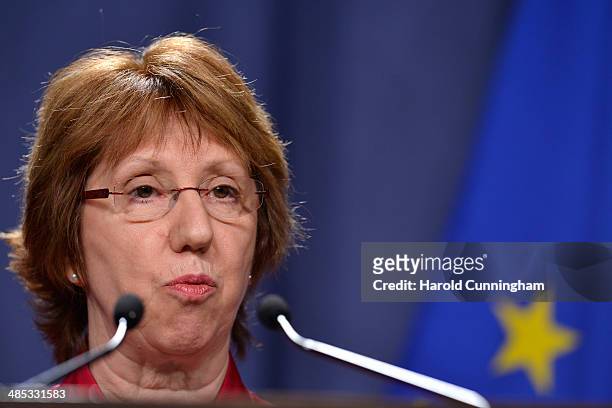 Foreign Policy Chief Catherine Ashton speaks during a press conference at the Intercontinental hotel on April 17, 2014 in Geneva, Switzerland....