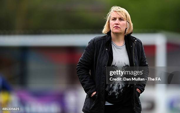 Emma Hayes, manager of Chelsea looks on prior to the FA SWL 1 match between Bristol Academy Womens FC and Chelsea Ladies FC at Stoke Gifford Stadium...